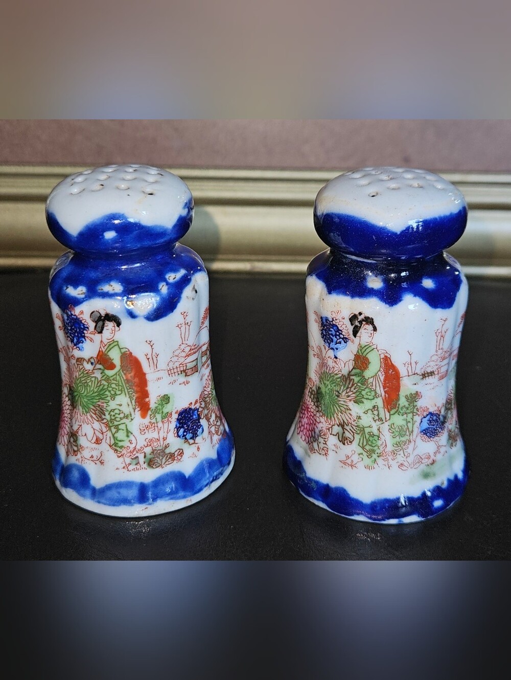 Vintage Japanese Porcelain Salt & Pepper Shakers w Hand-Painted Geisha Scenes